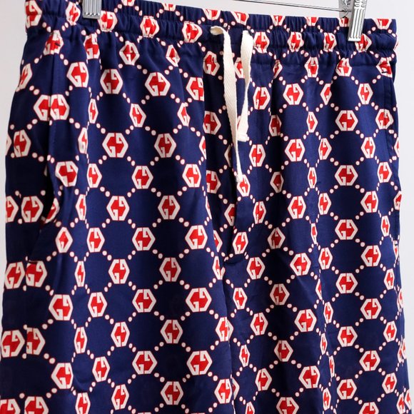 Gucci Navy and Red Monogram Silk Shorts - Picture 3 of 16